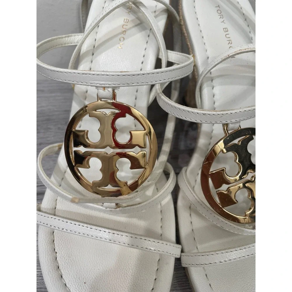 Tory Burch Miller Wedge Sandals White Leather Gold Logo Espadrille 6.5M 89131